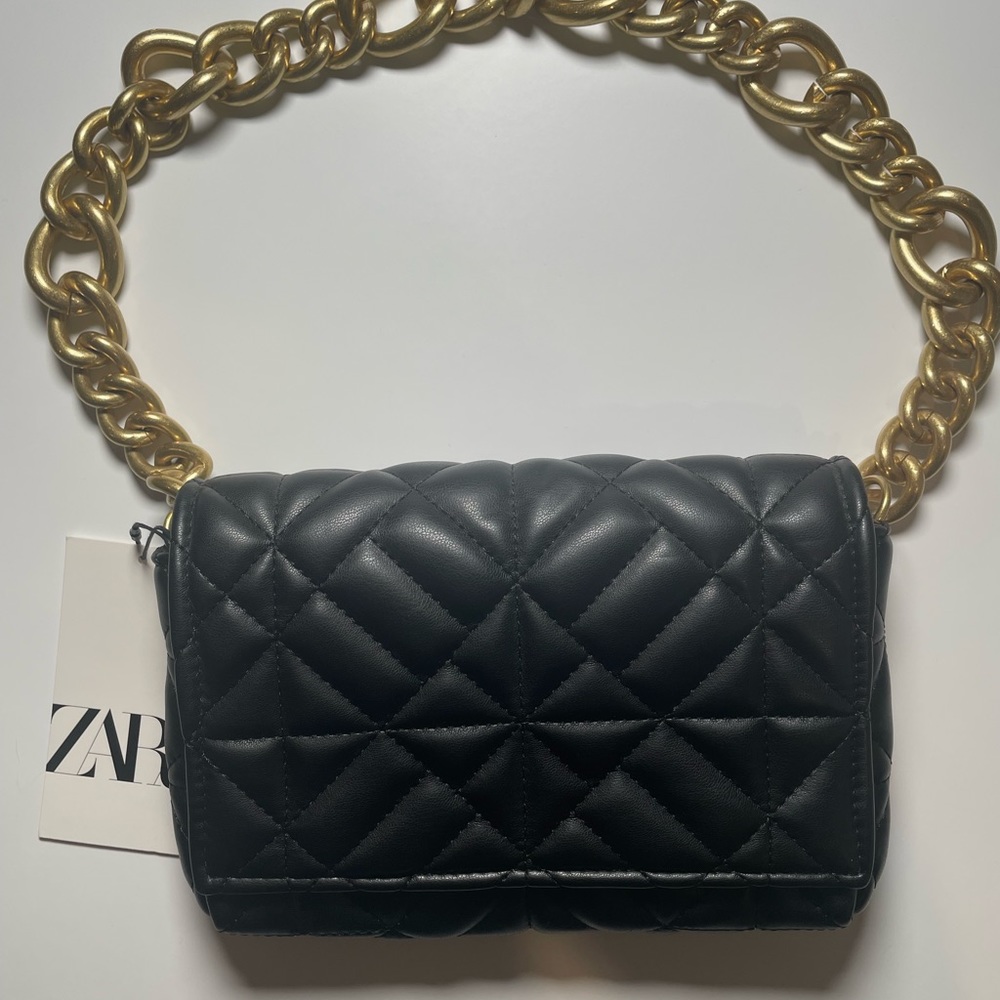 Zara black quilted shoulder bag evening daytime black with gold chain NWT